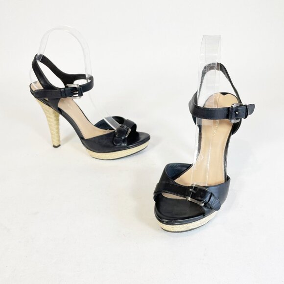 Via Spiga Women’s Size 7M Black Genuine Leather Pumps Open Toe Buckle Cone Heel - Picture 1 of 7